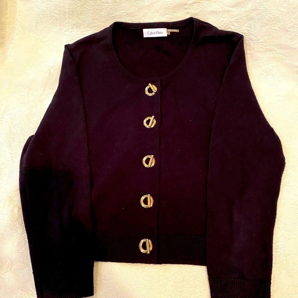 Calvin Klein black cropped long sleeve cardigan w gold nautical toggle close L